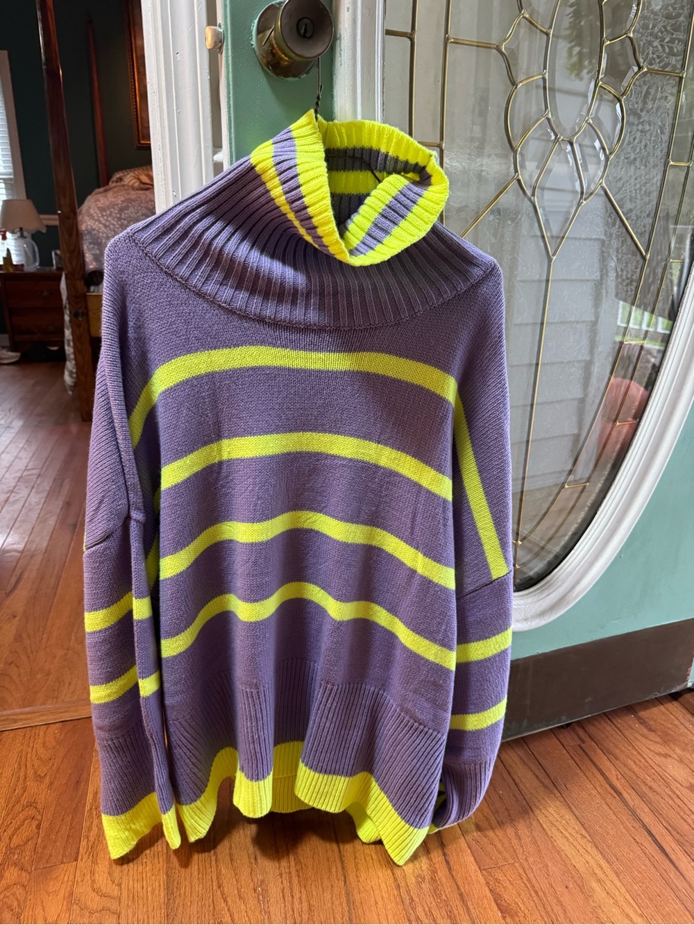 DAVI & DANI Purple and Neon Yellow Striped Turtleneck Sweater